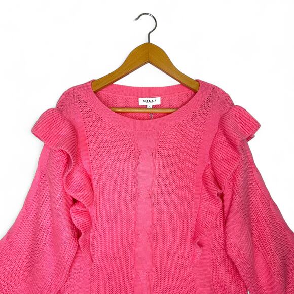 Gilli NWT Women's Ruffle Cable Knit Pullover Sweater Size L Pink Slouchy Ribbed - Picture 2 of 10